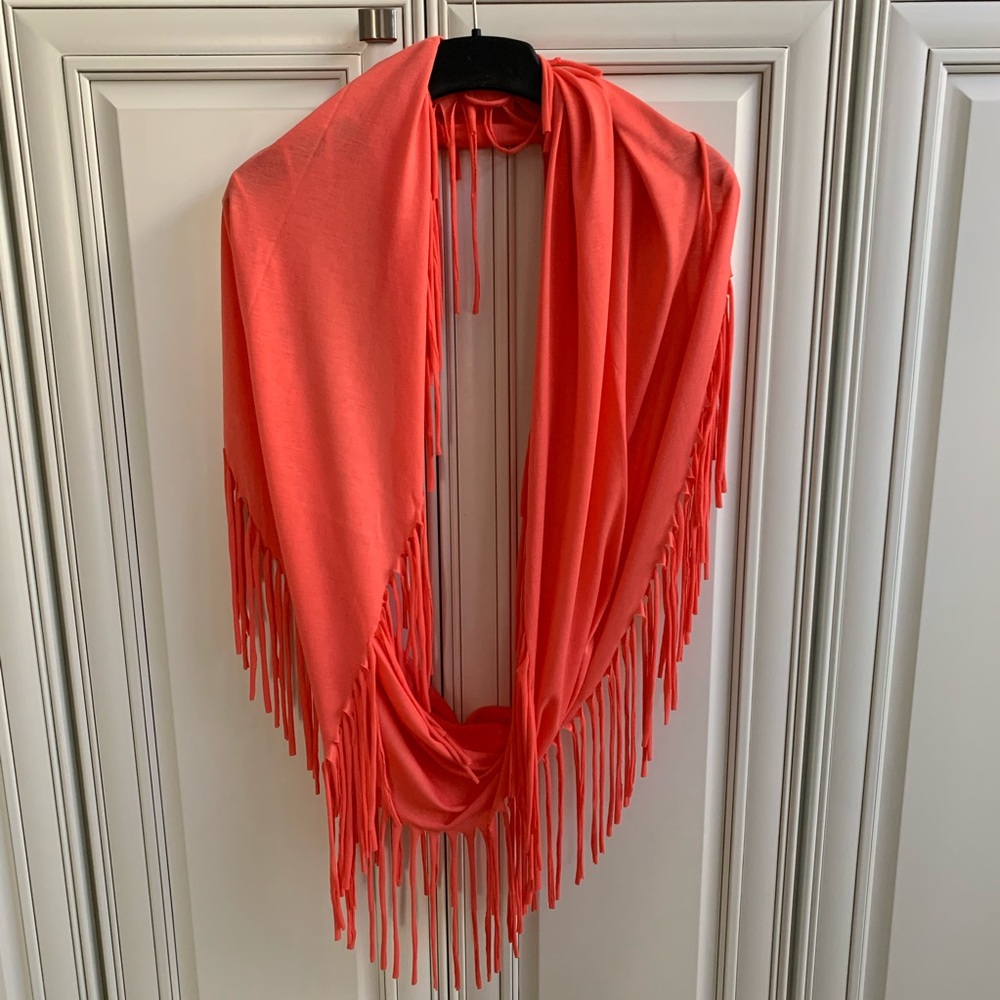 Pink fringed infinity scarf